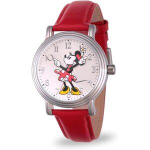 NWT - Disney Minnie Mouse Silver watch for ladies, Vintage style. Red leather st